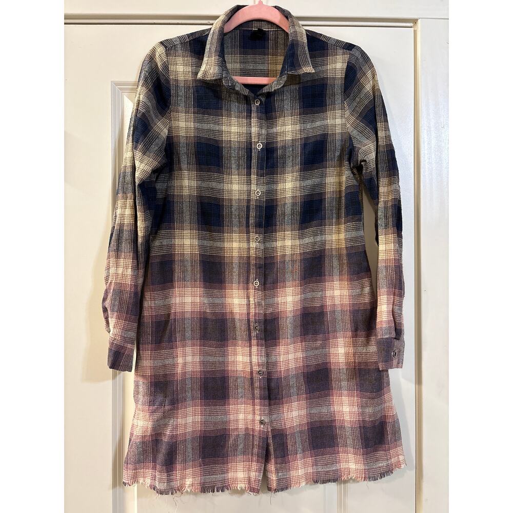 Bleach Dipped Raw Hem Flannel Button Up Dress